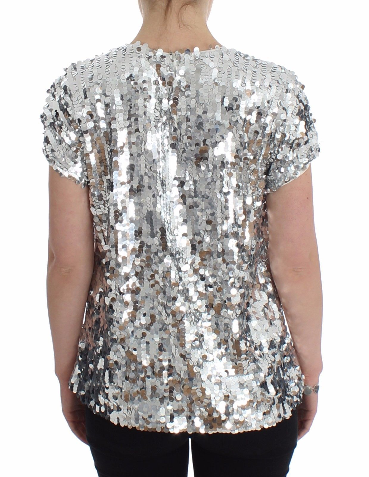 Silver Sequined Crewneck Blouse T-shirt Top