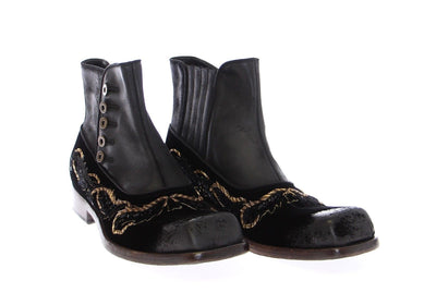 Black Leather Gold Baroque Boots Shoes