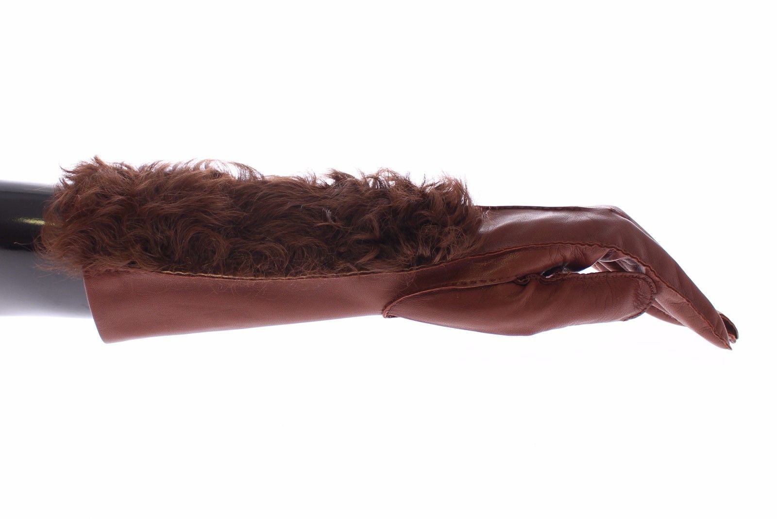 Brown Lambskin Fur Leather Wrist Gloves Silk