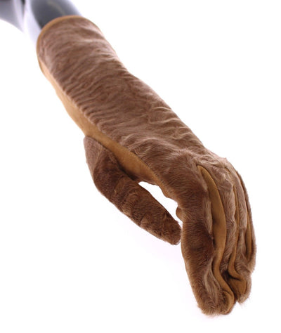 Beige Lambskin Fur Suede Wrist Gloves Silk