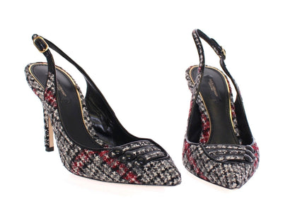 Gray Checkered Wool Leather Slingbacks Shoes