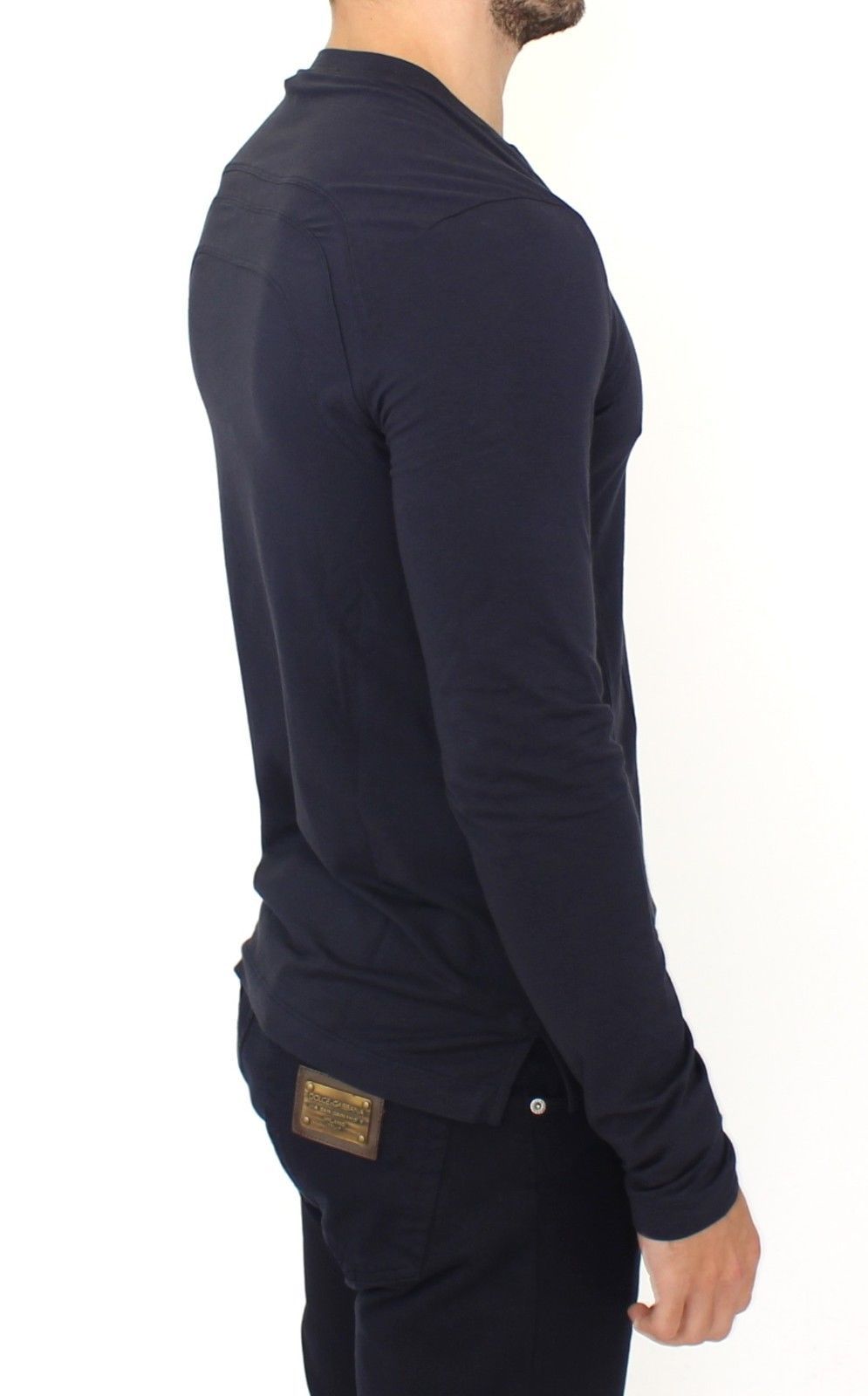Blue Cotton Stretch V-neck Pullover Sweater