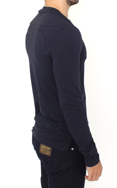 Blue Cotton Stretch V-neck Pullover Sweater
