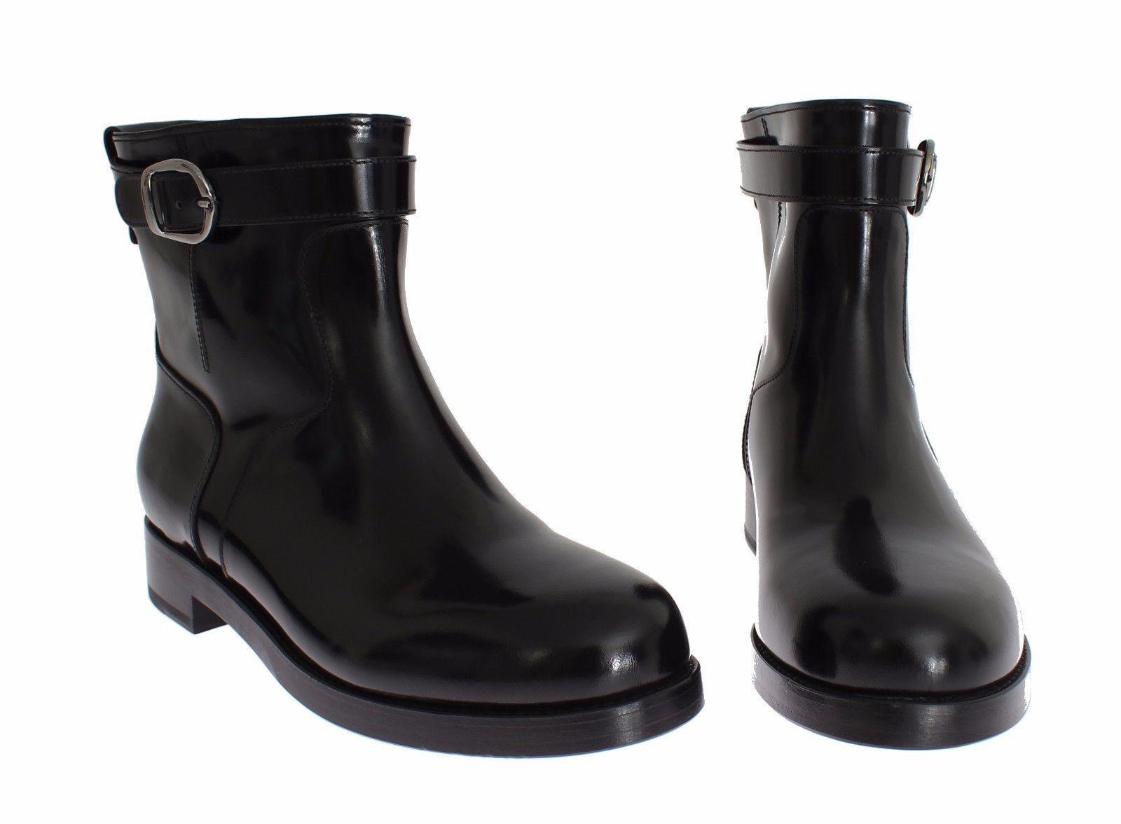 Black Leather Mid-Calf Flat Boots Shoes