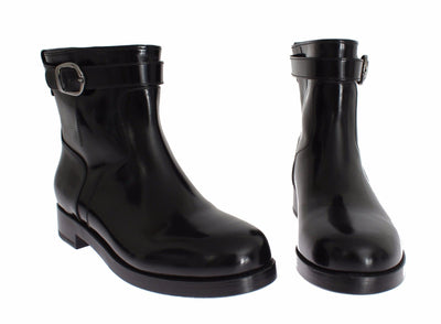 Black Leather Mid-Calf Flat Boots Shoes