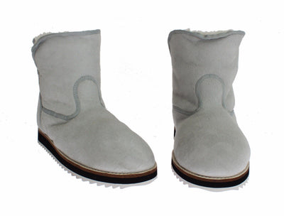 Blue Leather Merino Wool Flat Warm Boots Shoes