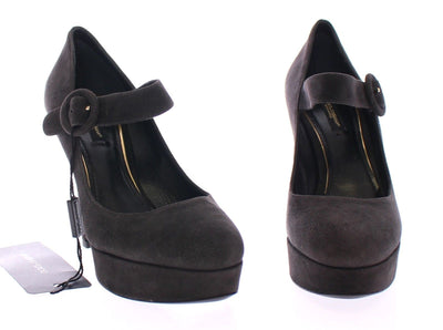 Gray Suede Leather Platform Mary Janes Shoes