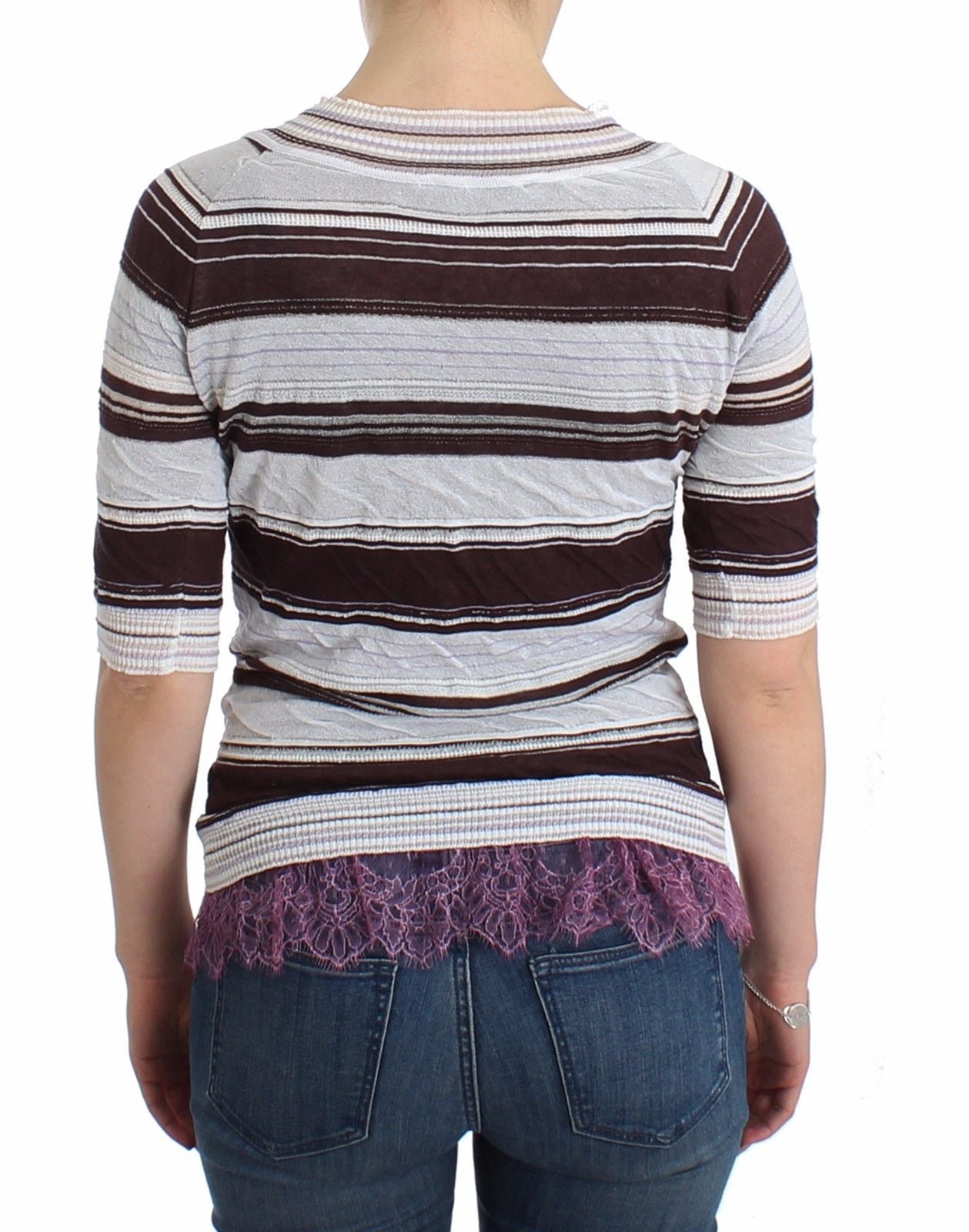 Striped Lace V-Neck Short Sleeve Top Sweater