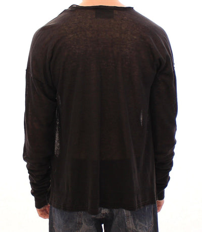 Black Linen Logo V-neck Sweater Pullover