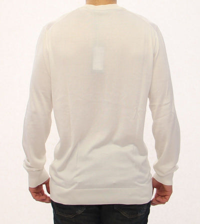 White Silk Logo V-neck Longarm Sweater Top