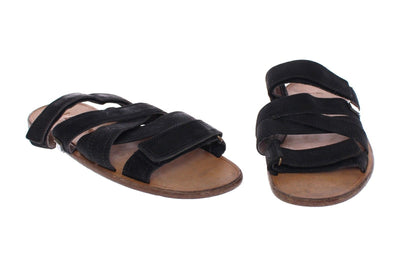 Black Leather Strap Slides Sandals Shoes
