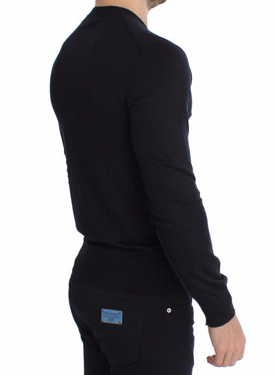 Blue Silk Cashmere V-neck Sweater Pullover