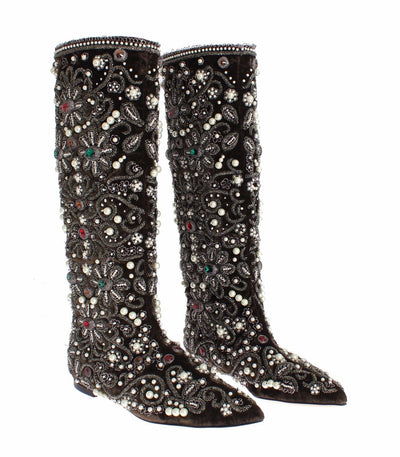 Brown Velvet Silver Baroque Crystal Boots