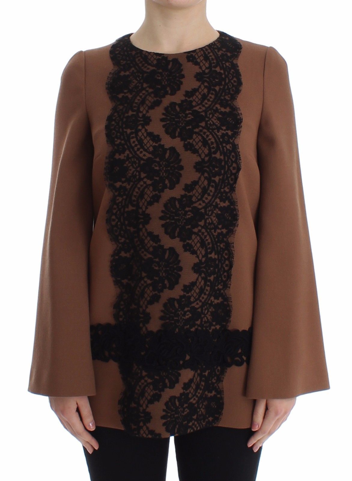 Brown Wool Black Lace Sweater Top Runway