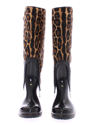 Black Rubber Leopard Pony Leather Rain Boots