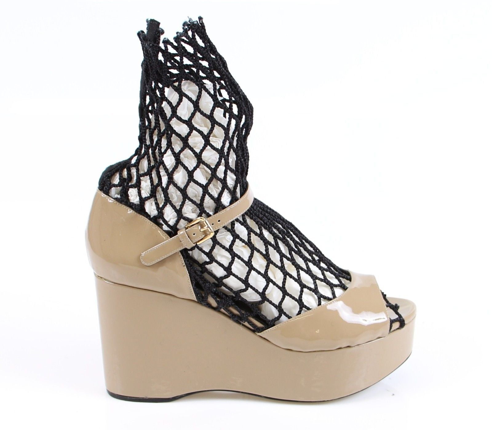 Beige Patent Wedge Sandals Platform Shoes