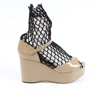 Beige Patent Wedge Sandals Platform Shoes