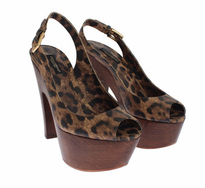 Brown Leopard Leather Platform Sandals Shoes