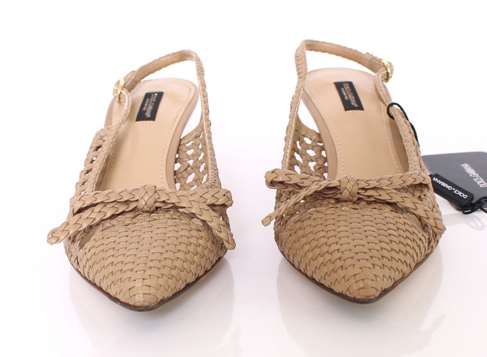 Beige Woven Leather Slingbacks Pumps Shoes