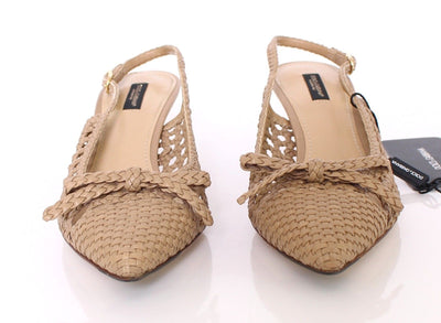 Beige Woven Leather Slingbacks Pumps Shoes