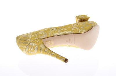 Yellow Silk Brocade Bow Platform Pumps Shoes