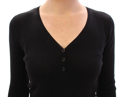 Black Ribbed V-neck Button Silk Sweater Pullover