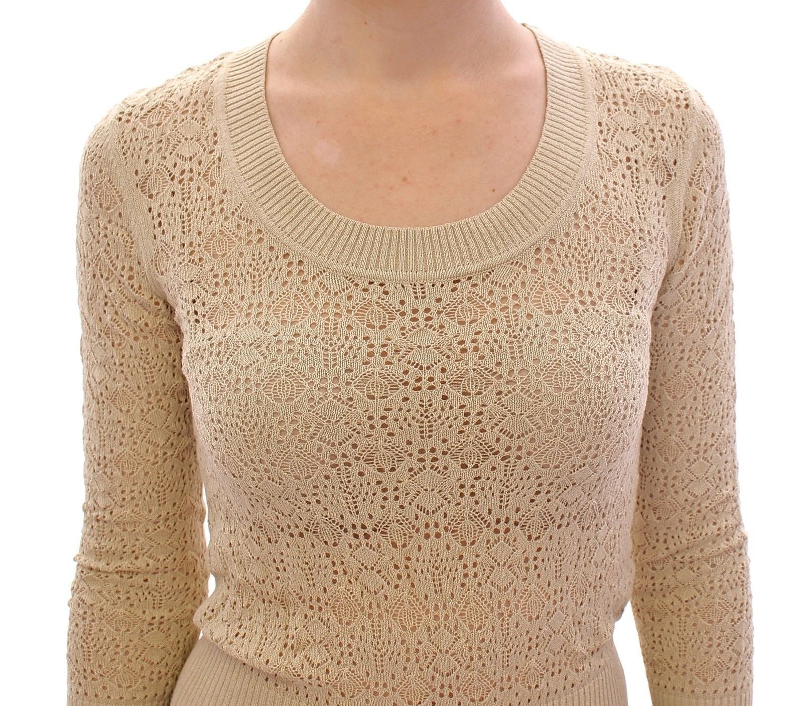 Beige Knitted Deep Crewneck 3/4 Sleeve Sweater