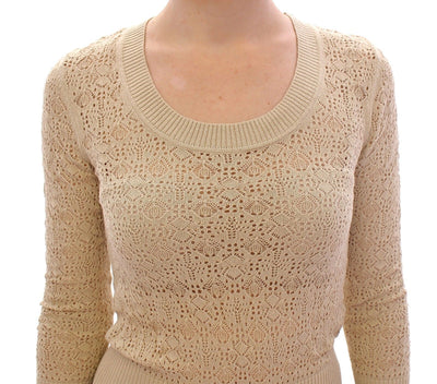 Beige Knitted Deep Crewneck 3/4 Sleeve Sweater