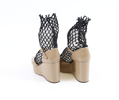 Beige Patent Wedge Sandals Platform Shoes