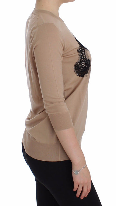 Beige Wool Black Lace Sweater Pullover