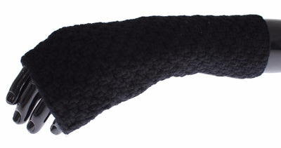 Black Knitted Wool Leather Fingerless Mens Gloves
