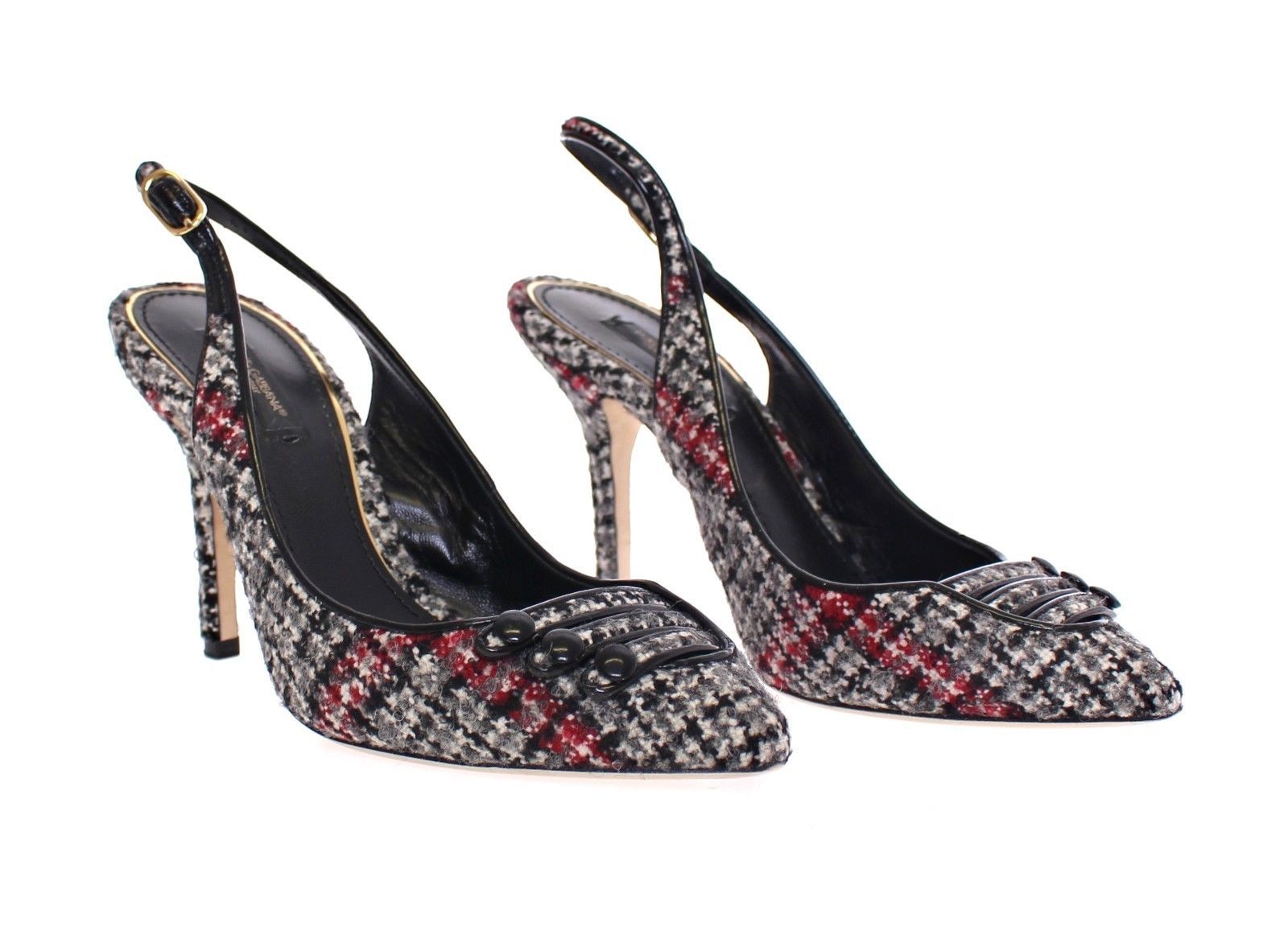 Gray Checkered Wool Leather Slingbacks Shoes