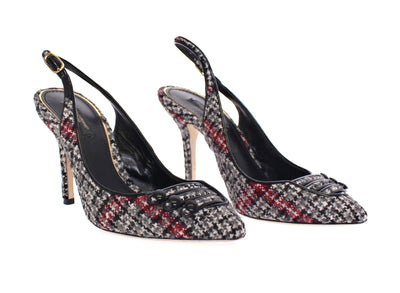 Gray Checkered Wool Leather Slingbacks Shoes