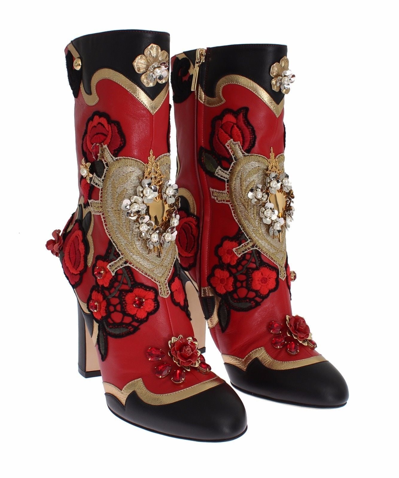 Roses Crystal Gold Heart Leather Boots Shoes