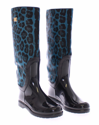 Black Rubber Blue Leopard Leather Rain Boots