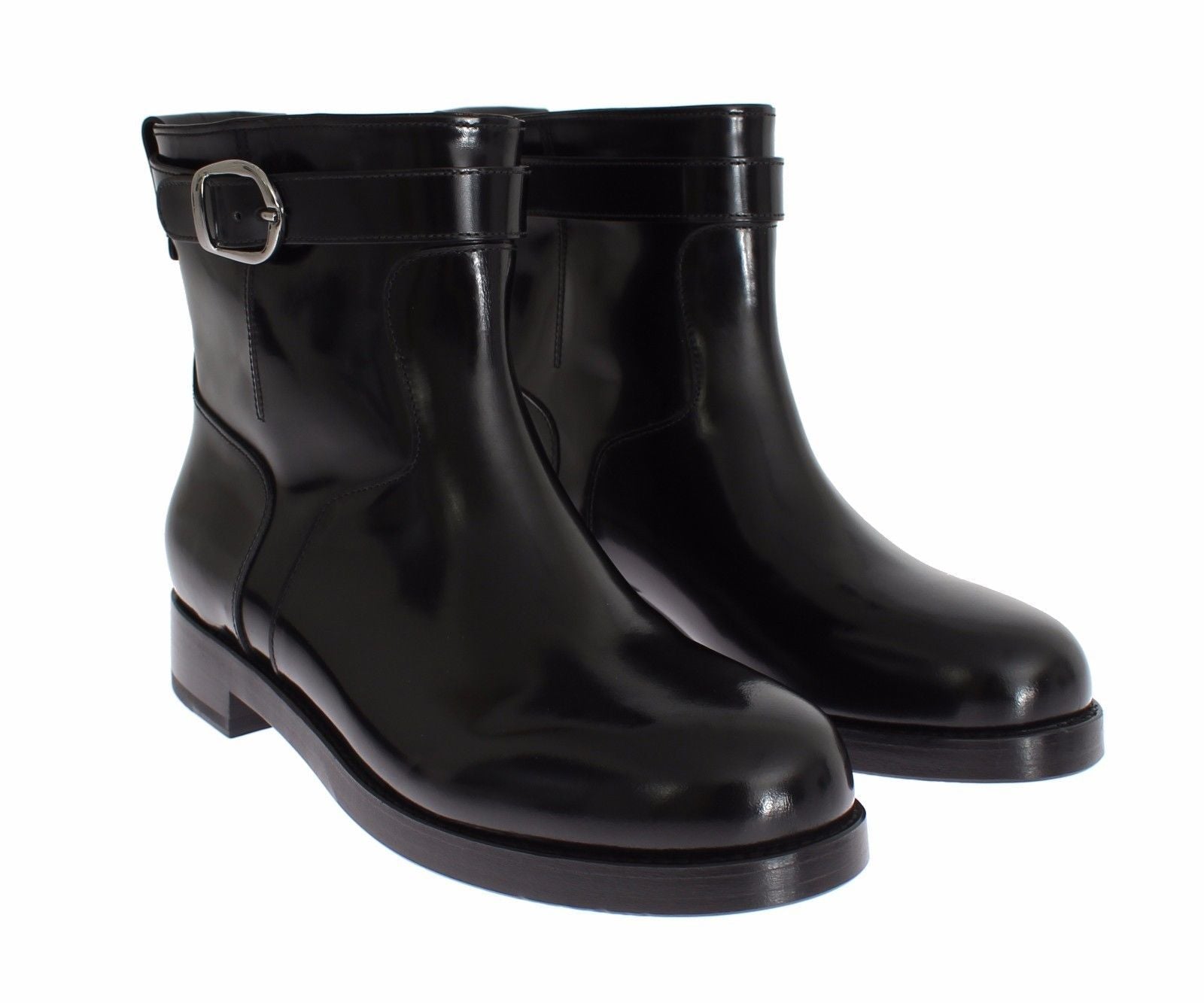 Black Leather Mid-Calf Flat Boots Shoes