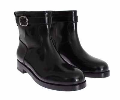 Black Leather Mid-Calf Flat Boots Shoes