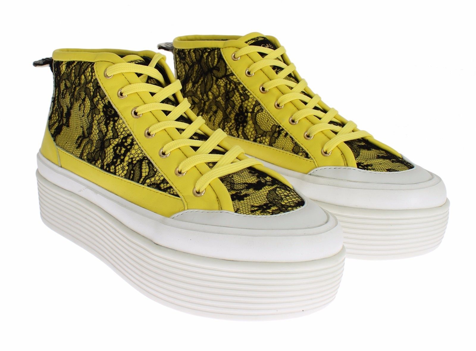 Yellow Leather Floral Lace Sneakers Shoes