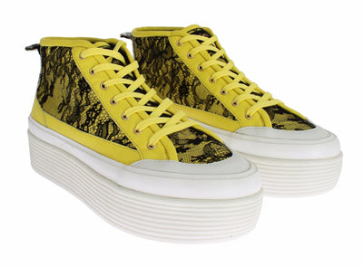 Yellow Leather Floral Lace Sneakers Shoes