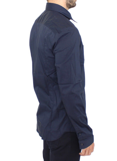 Blue Stretch Cotton Casual Long Sleeve Shirt