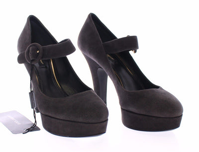 Gray Suede Leather Platform Mary Janes Shoes