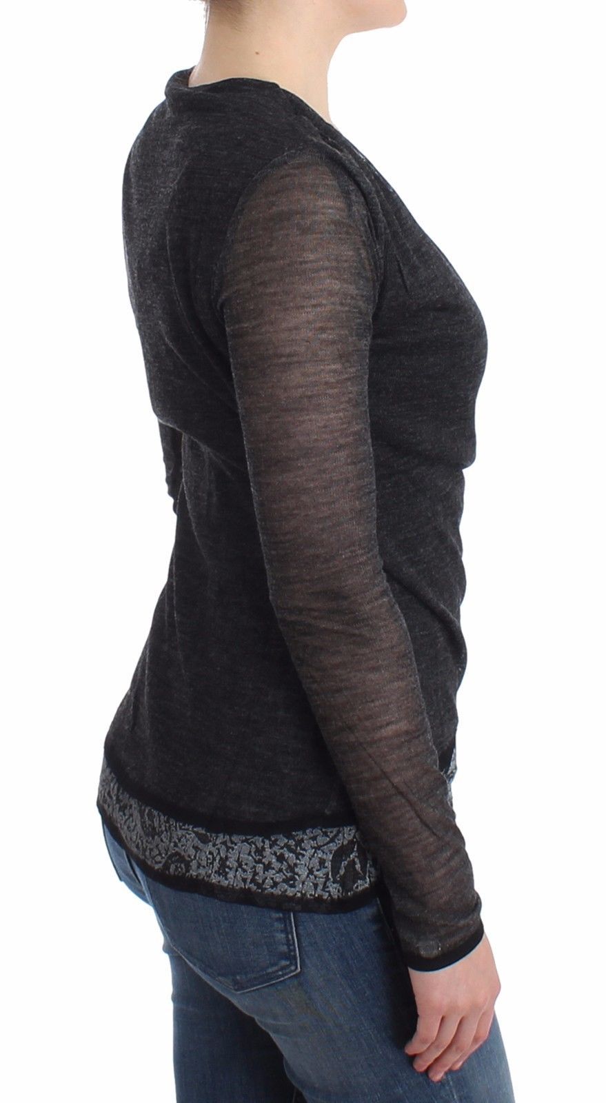 Gray Wool Blend Stretch Long Sleeve Sweater