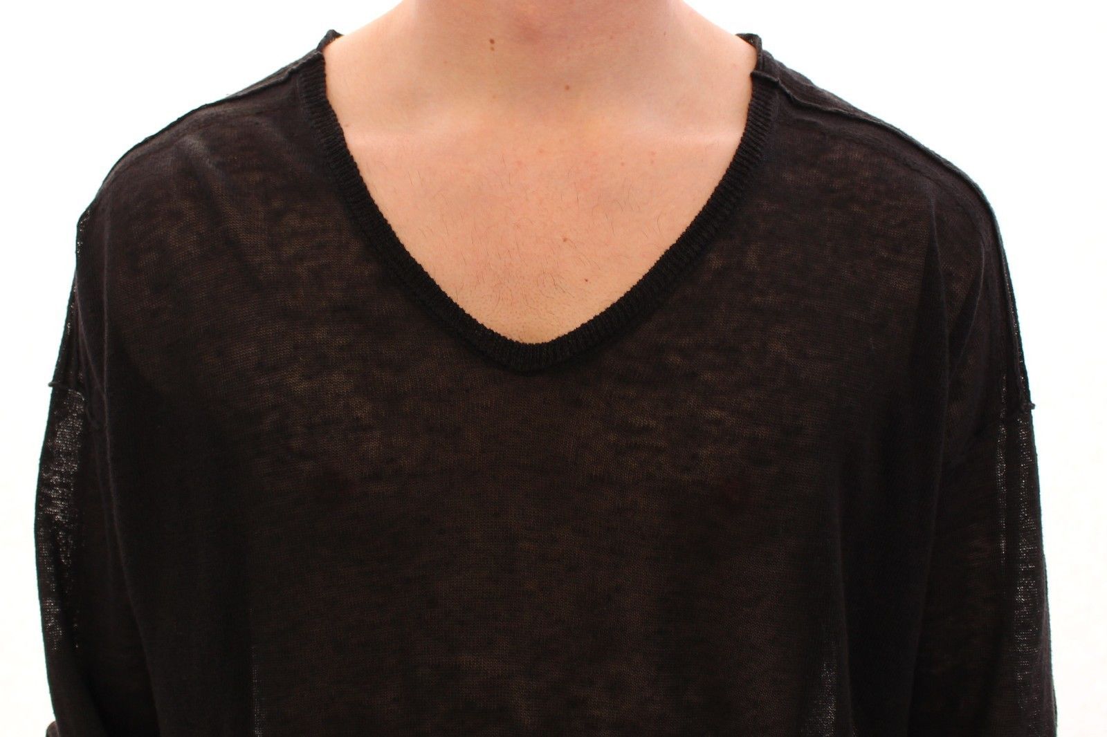 Black Linen Logo V-neck Sweater Pullover