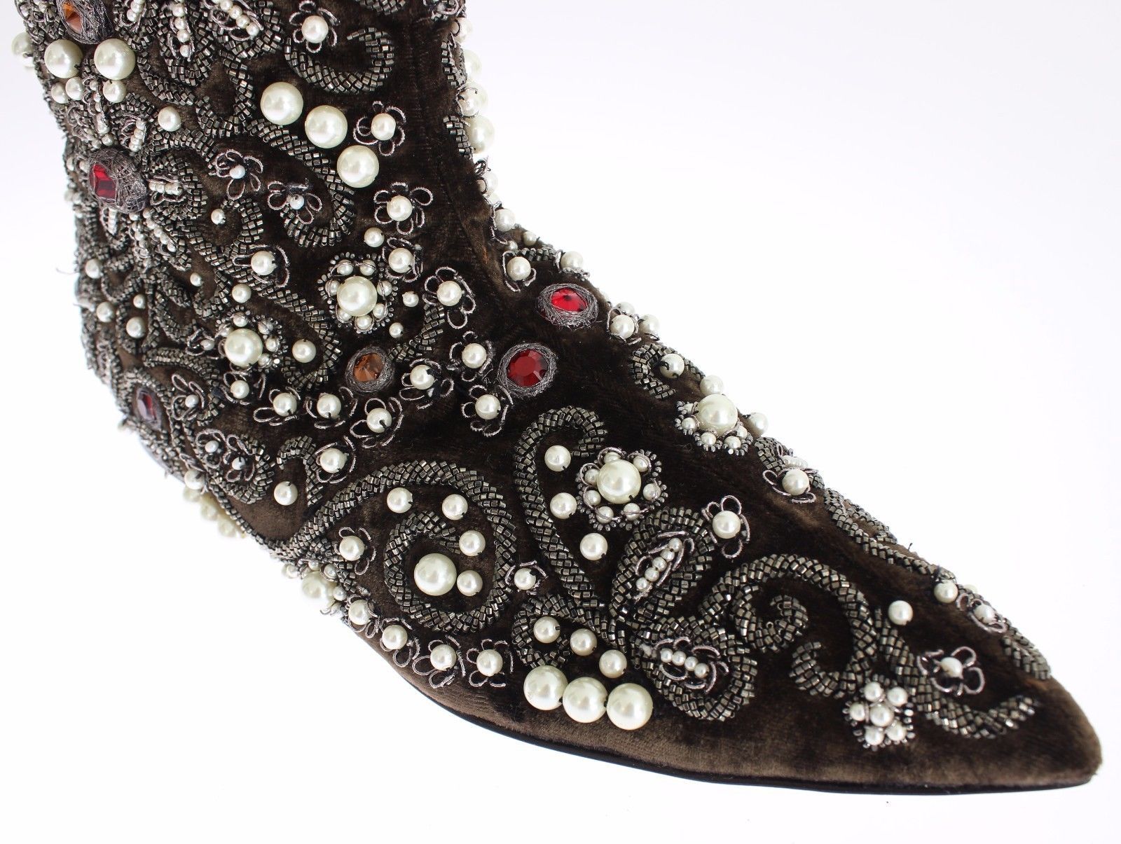 Brown Velvet Silver Baroque Crystal Boots