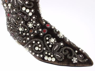 Brown Velvet Silver Baroque Crystal Boots