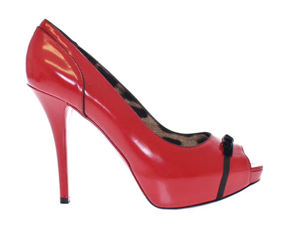 Red Leather Platform Open Toe Pumps Shoes