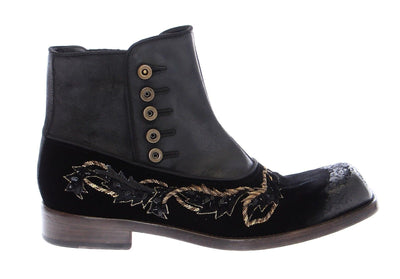 Black Leather Gold Baroque Boots Shoes
