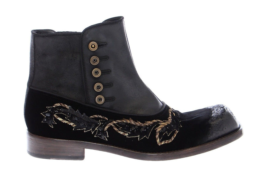 Black Leather Gold Baroque Boots Shoes