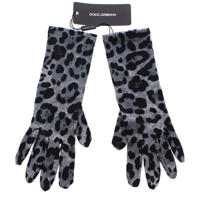 Blue Classic Leopard Print Long Wool Gloves