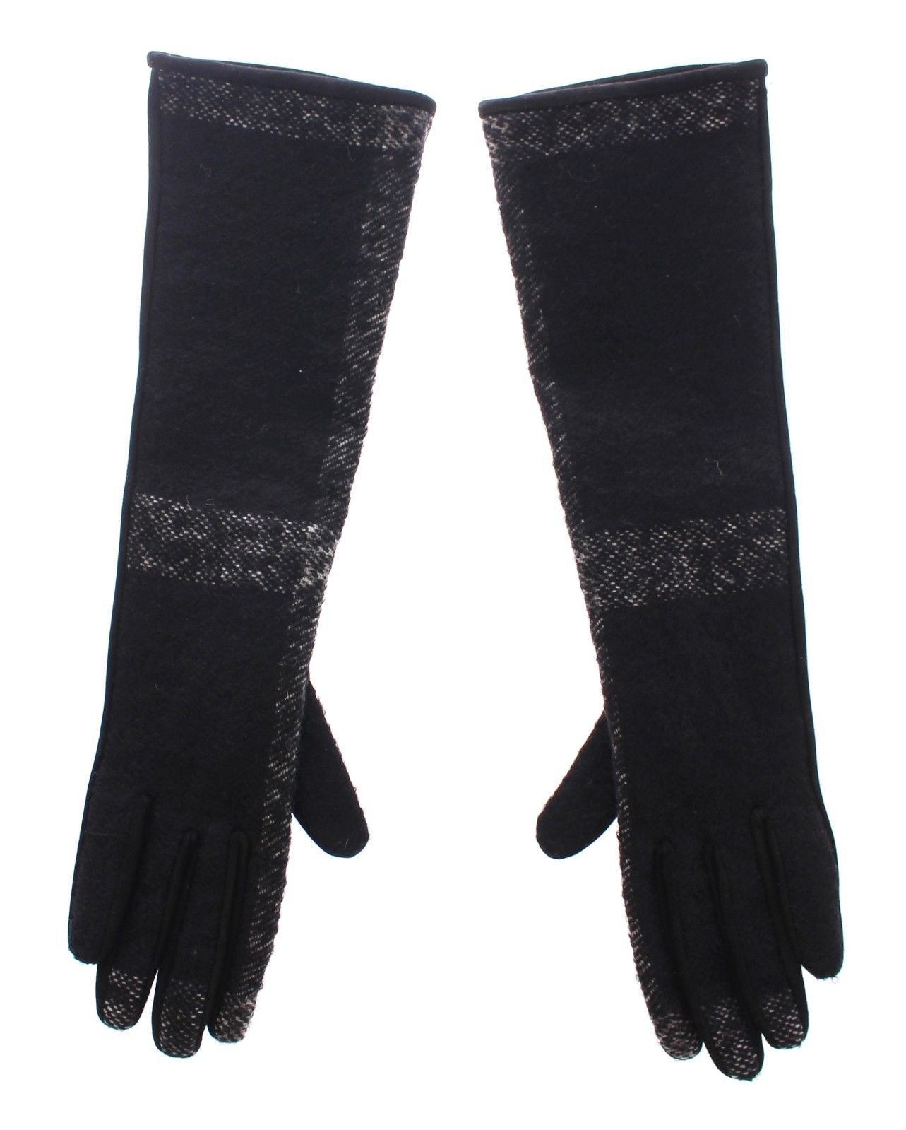 Black Lambskin Leather Wool Elbow Gloves Silk